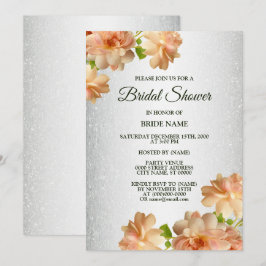 Convites Chuva de Noiva Floral Pêssego Brilhante Prata Eleg