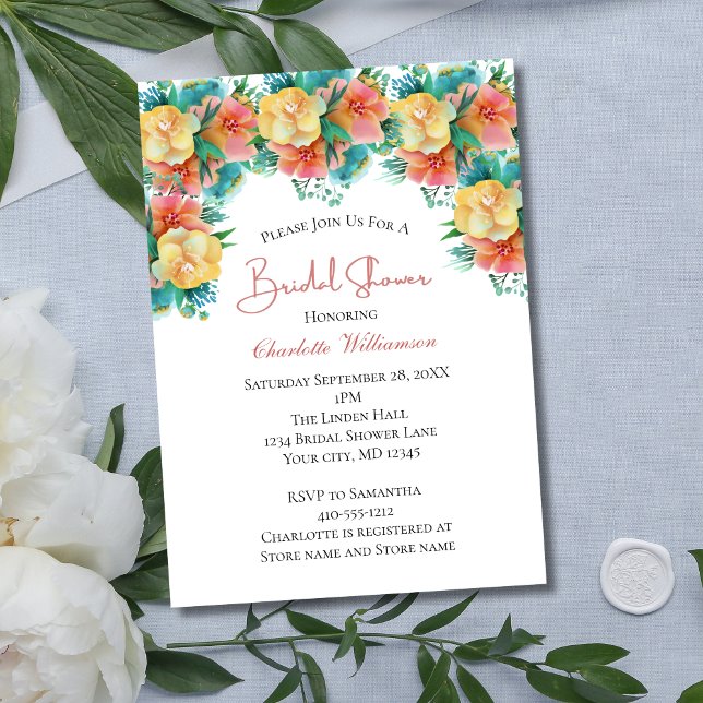 Convites Chuva de Noiva Floral Rosa Amarelo Verde (Yellow Pink Peach Floral Greenery Bridal Shower Invitation)