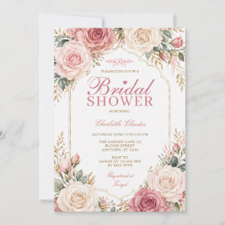 Convites Chuva de Noiva Floral Rosa Bege Elegante