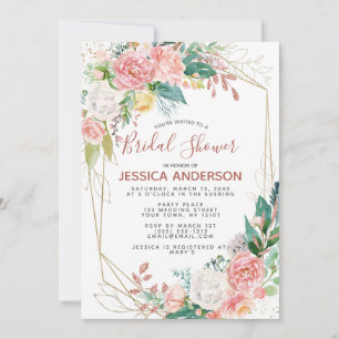 Convites Chuva de Noiva Floral Rosa com Brilho em Rose Gold