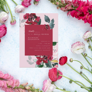 Convites Chuva de Noiva Floral Rosa e Vermelha Elegante