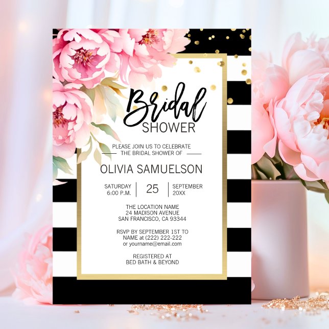 Convites Chuva de Noiva Floral Rosa em Aquarela Preto e Bra (Black White Watercolor Pink Floral Bridal Shower Invitation)