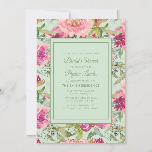 Convites Chuva de Noiva Floral Rosa Neo Verde Menta (Frente)