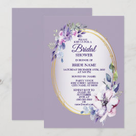Convites Chuva de Noiva Floral Rosa Roxo Aquarela Dourada