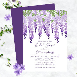 Convites Chuva de Noiva Floral Roxa Wisteria Aquarela