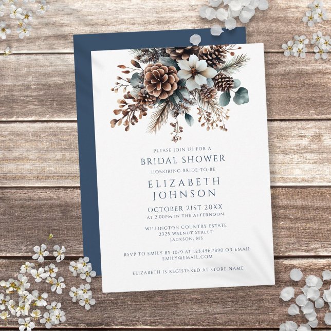 Convites Chuva de Noiva Floral Rústica Elegante Moderna (Modern Elegant Winter Floral Forest Bridal Shower Invitation)