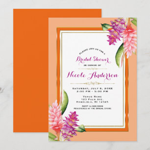 Convites Chuva de Noiva Floral Tropical Coral Laranja & Dou
