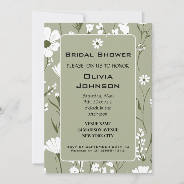 Convites Chuva de Noiva Floral Verde e Branco da PRIMAVERA (Frente)