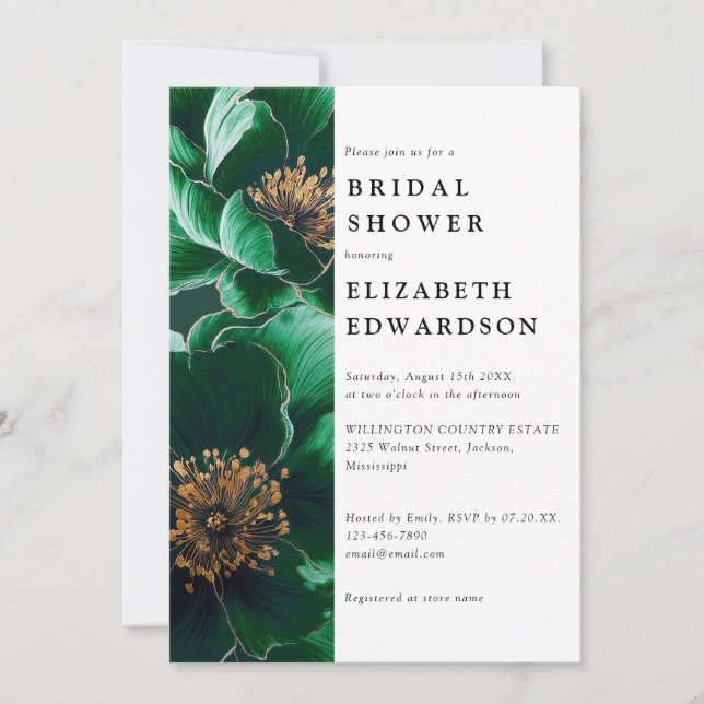 Convites Chuva de Noiva Floral Verde Esmeralda Elegante Cód (Frente)