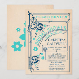 Convites Chuva de Noiva Floral Vintage Azul Naval Aqua