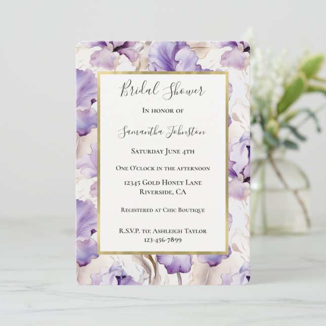 Convites Chuva de Noiva Flores Íris Creme Roxo Lavanda (Em pé/Frente)