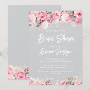 Convites Chuva de Noiva Flores Rosas Rosa em Cinza 