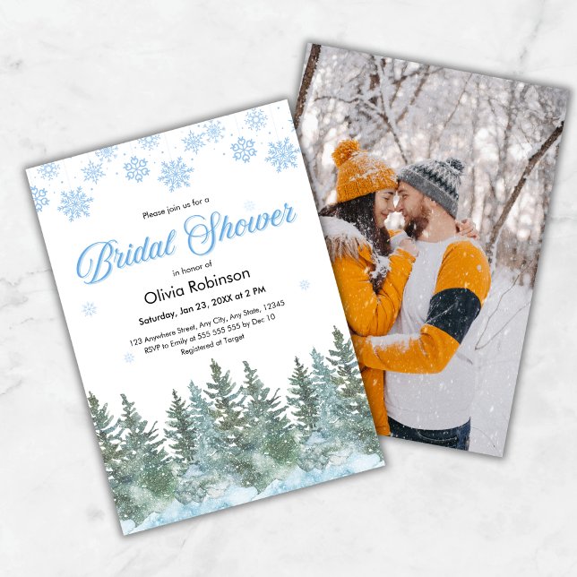 Convites Chuva de Noiva Foto Árvores de Pinheiro Inverno Fl (Photo Winter Pine Trees Snowflakes Bridal Shower Invitation  )