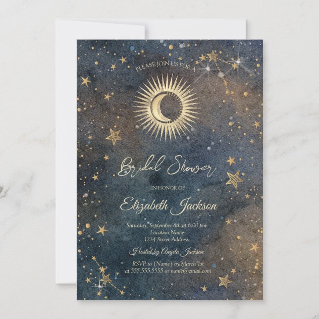 Convites Chuva de Noiva Galáxia Sol Celestial, Lua, Estrela (Frente)