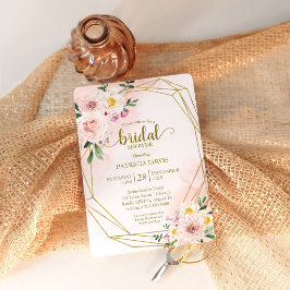 Convites Chuva de Noiva Geométrica Dourada Rosa Floral