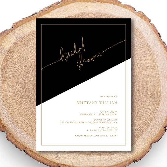 Convites Chuva de Noiva Geométrica Preta e Dourada Elegante (Elegant Gold Script Geometric Bridal Shower Invitation)