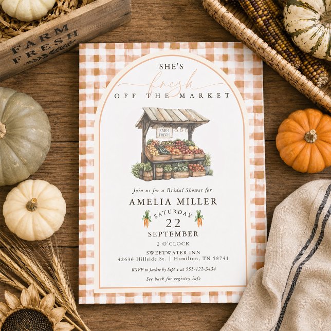 Convites Chuva de Noiva Gingham de Outono Fresca do Mercado (Autumn Gingham Fresh Off The Market Bridal Shower Invitation)