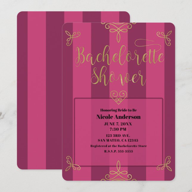 Convites Chuva de Noiva Glam Moderno Roxo e Dourado (Frente/Verso)