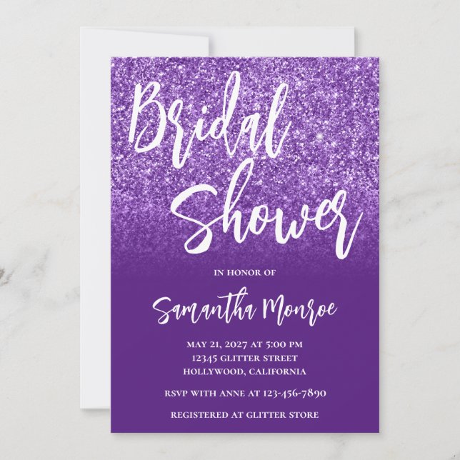 Convites Chuva de Noiva Gradiente de Brilho Roxo Real (Frente)
