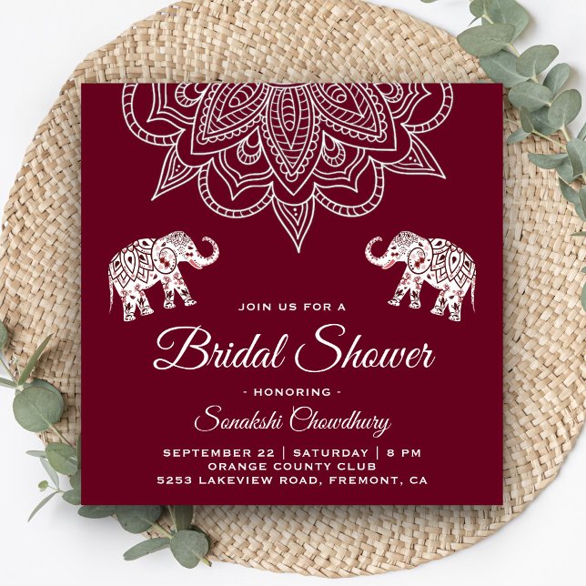 Convites Chuva de Noiva Indiana Mandala Burgundy Elegante (Criador carregado)