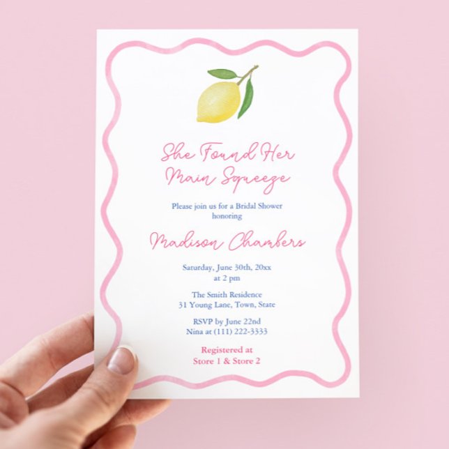 Convites Chuva de Noiva Limões Main Squeeze Borda Ondulada  (Main Squeeze Lemon Bridal Shower Invitation Design With Pink Wavy Line Border)
