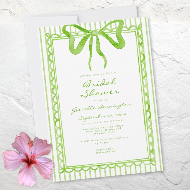 Convites Chuva de Noiva Listra de Arco de Aquarela de Lima  (Whimsical Lime Watercolor Bow Stripe Bridal Shower Invitation)