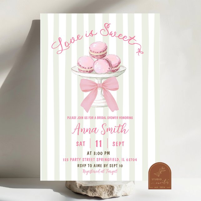 Convites Chuva de Noiva Macaroon com Listra Rosa Sage (Criador carregado)