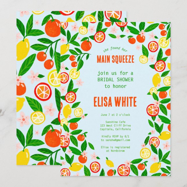 Convites CHUVA DE NOIVA MAIN SQUEEZE Citrus Summer Bright (Frente/Verso)