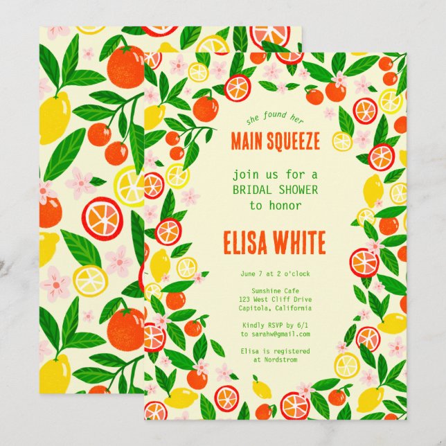 Convites CHUVA DE NOIVA MAIN SQUEEZE Citrus Summer Bright (Frente/Verso)