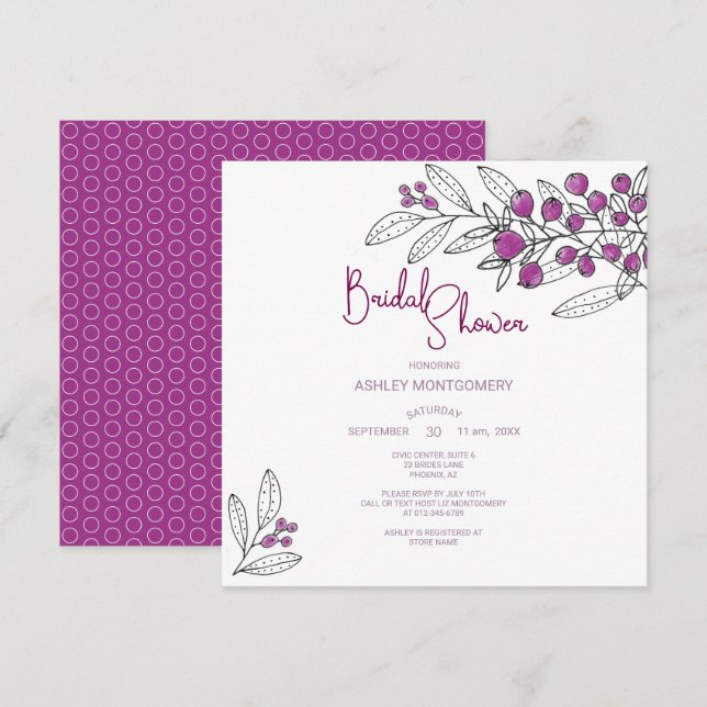 Convites Chuva de Noiva Minimalista Roxo Frutas Folhas (Frente/Verso)