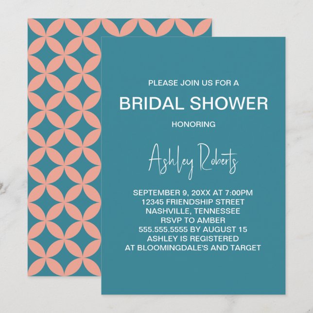 Convites Chuva de Noiva Mod Mid-Century Modern em Pêssego e (Frente/Verso)