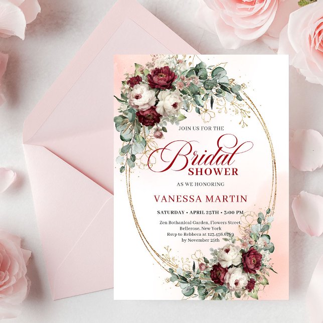 Convites Chuva de Noiva Moderna Boho Burgundy Dourado Eucal (Modern Burgundy Gold Eucalyptus Bridal Shower Invite)