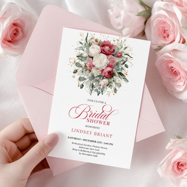 Convites Chuva de Noiva Moderna Boho Vermelho Rosa Verde Do (Modern Boho Red Blush Greenery Bridal Shower Invite

)