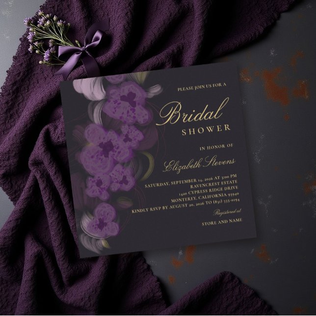 Convites Chuva de Noiva Moderna em Dourado Orquídea Roxa Es (moody bridal shower invitation purple orchids gold dark romantic elegant feminine )