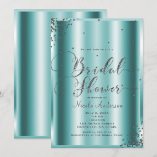 Convites Chuva de Noiva Moderna Prata Aqua Confetes Cantos