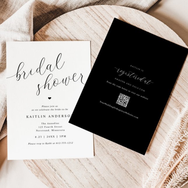 Convites Chuva de Noiva Moderna Simples (Modern Black and White Bridal Shower Invitations with QR Code Registry on Back - Swirly Script)