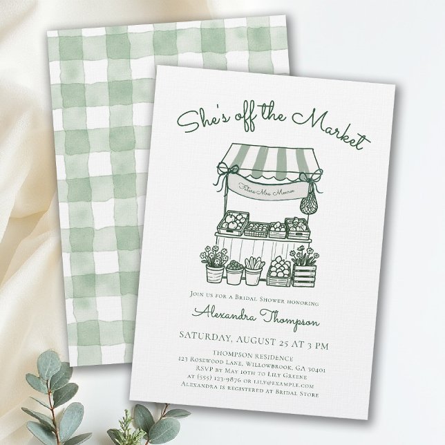 Convites Chuva de Noiva Moderna Verde dos Agricultores fora (off the market bridal shower invitation green sage farmers stand hand drawn modern elegant chic)