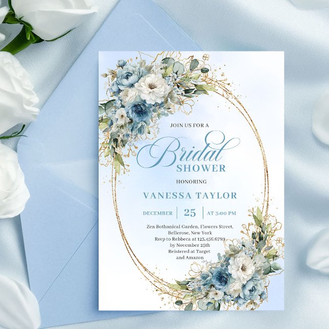 Convites Chuva de Noiva Moderno Boho Flores Azul Poeirento  (Modern Dusty Blue Flowers Gold Bridal Shower Invite)