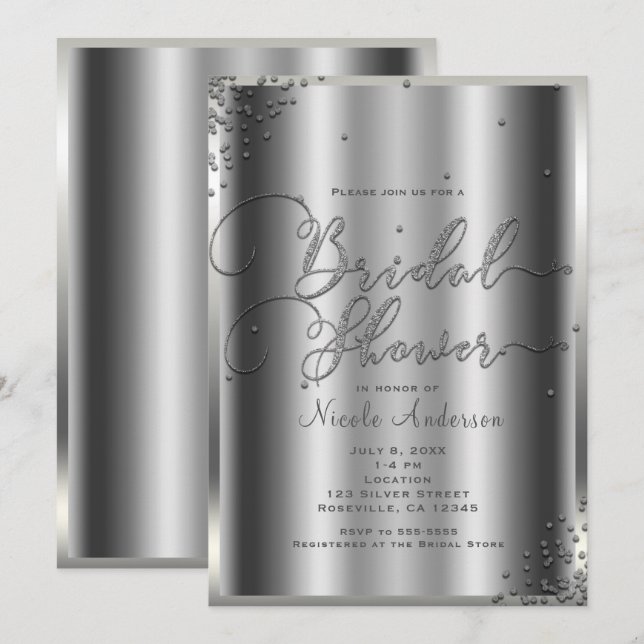 Convites Chuva de Noiva Moderno Brilho Prata Glam Confetes (Frente/Verso)