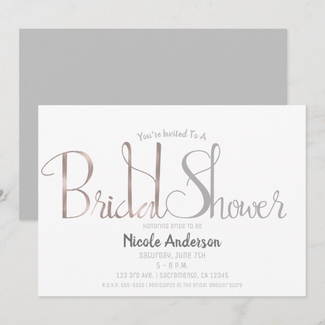 Convites Chuva de Noiva Moderno Rosa Dourado e Cinza Escrit (Frente/Verso)