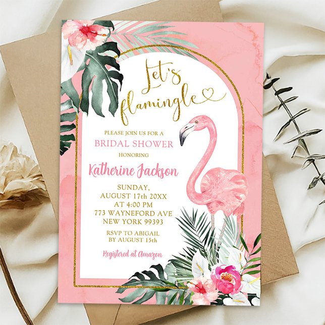 Convites Chuva de Noiva Monstera Rosa Tropical Flamingo (Criador carregado)