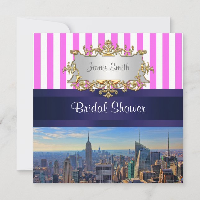 Convites Chuva de Noiva NYC Skyline B2 Rosa Faixa Branca (Frente)