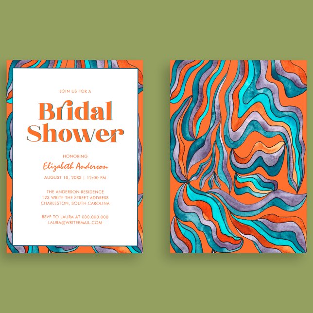 Convites Chuva de Noiva Ondulada Tipografia Laranja Boho Re (Front and Back)