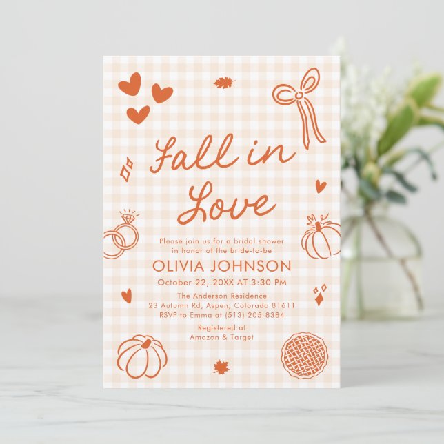Convites Chuva de Noiva Orange Hand Drawn Fall in Love (Em pé/Frente)