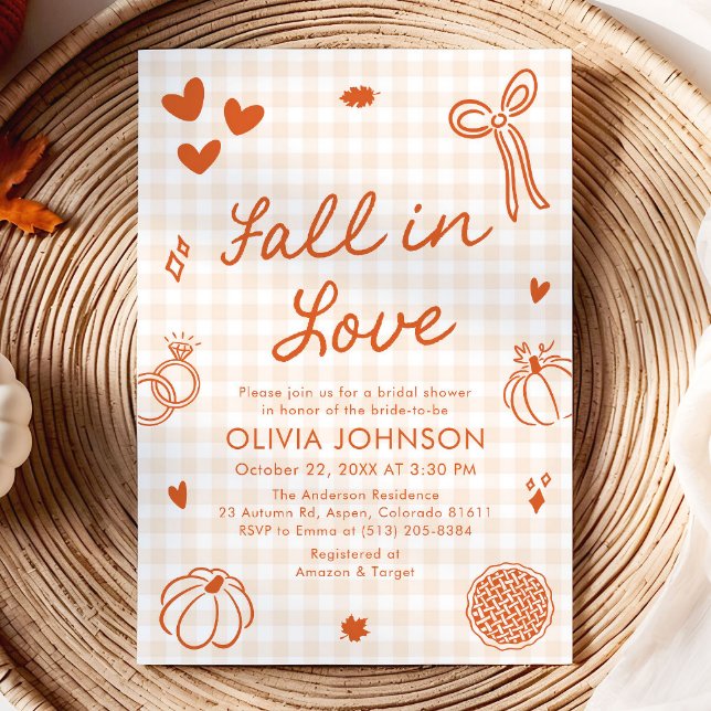 Convites Chuva de Noiva Orange Hand Drawn Fall in Love (Orange Hand Drawn Fall in Love Bridal Shower Invitation)