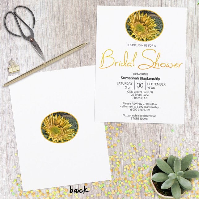 Convites Chuva de Noiva Oval Foto Girassol Borda Superior  (double sided invitation design)