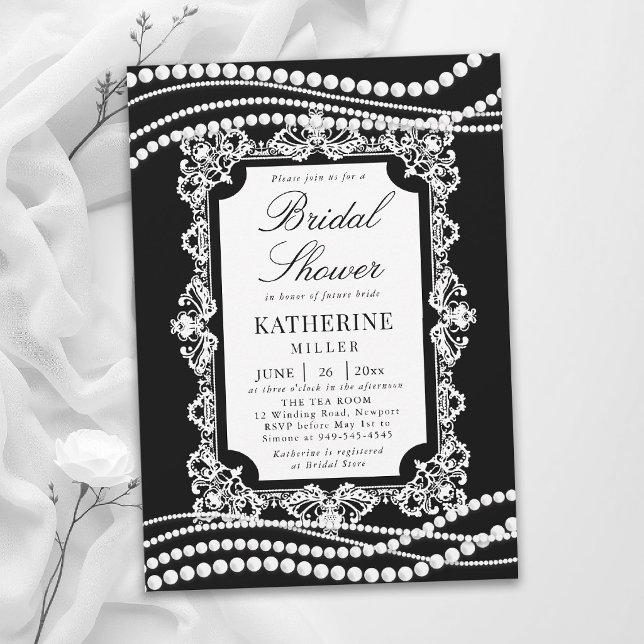 Convites Chuva de Noiva Pérolas de Renda Preto e Branco Clá (lace bridal shower ideas black white pearls modern classic traditional elegant invitation template )