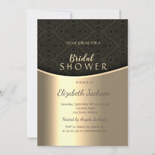 Convites Chuva de Noiva Preta Elegante Damasco Dourado (Frente)