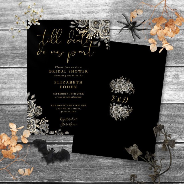 Convites Chuva de Noiva Preto e Dourado com Rosas Góticas F (Black And Gold Gothic Roses Floral Bridal Shower Invitation)