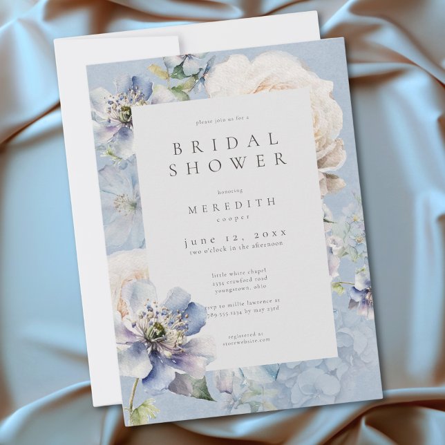 Convites Chuva de Noiva Romântica em Azul e Branco com Flor (Romantic Dusty Blue White Floral Bridal Shower Invitation)